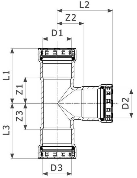 Тройник переходной Viega Megapress с SC-Contur Дн1″x1/2″x1″ Ру16 стальной оцинкованный, присоединение - пресс