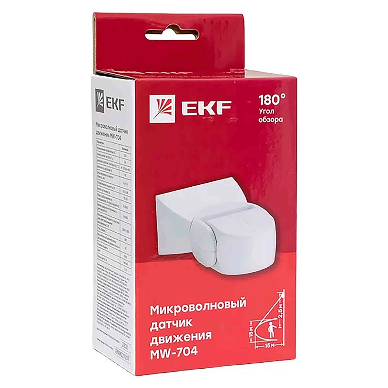 Датчик движения EKF PROxima MW-704 1200Вт до 15м микроволновый, настенный, обзор 180°, радиус действия до 15м, IP65, белый dd-mw-704