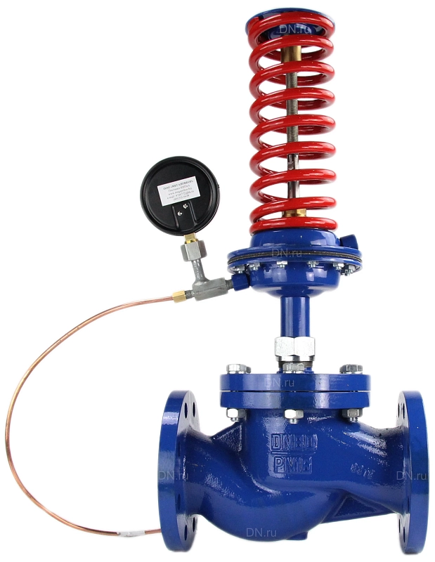 Регулятор давления до себя Энерготехномаш УРРД-НЗ-РД Ду100 Ру16 фланцевый, Kvу - 100м3/ч, Tmax до 150°С, уплотнение - EPDM, корпус - чугун СЧ25, с мембранным приводом 0.01-0.07МПа