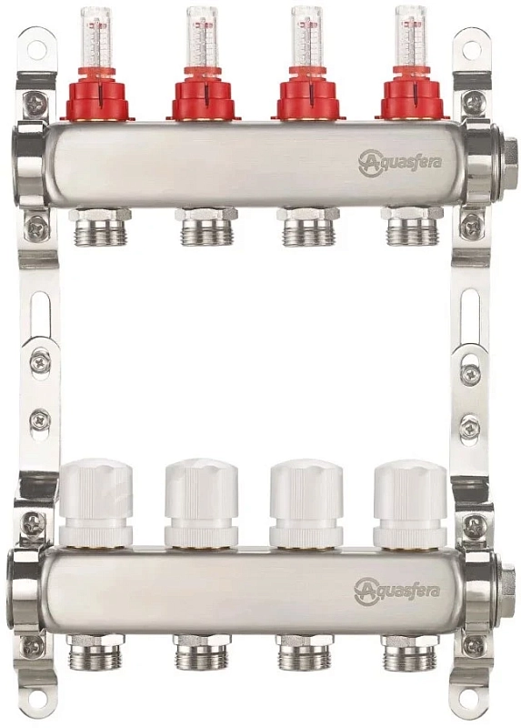 Группа коллекторная Aquasfera 9503 Ду25 Ру6 внутренняя резьба, выходов 12х3/4″ наружная резьба под евроконус с регулирующими клапанами и расходомерами, нержавеющая сталь