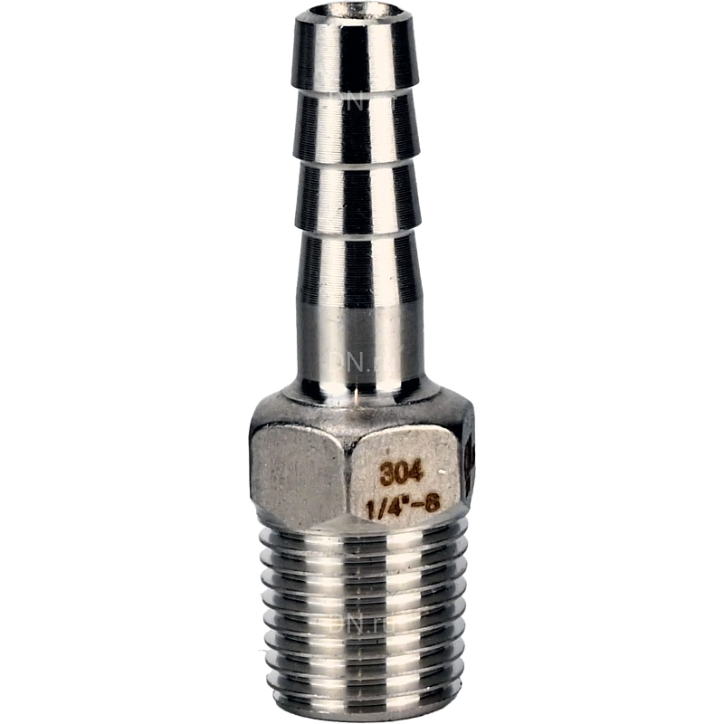 Штуцер елочка BF31-T-3/8-12 3/8″х12мм Ду10 Ру16 шланговый, корпус - нержавеющая сталь AISI 304 (CF8), присоединение - наружная резьба/штуцер